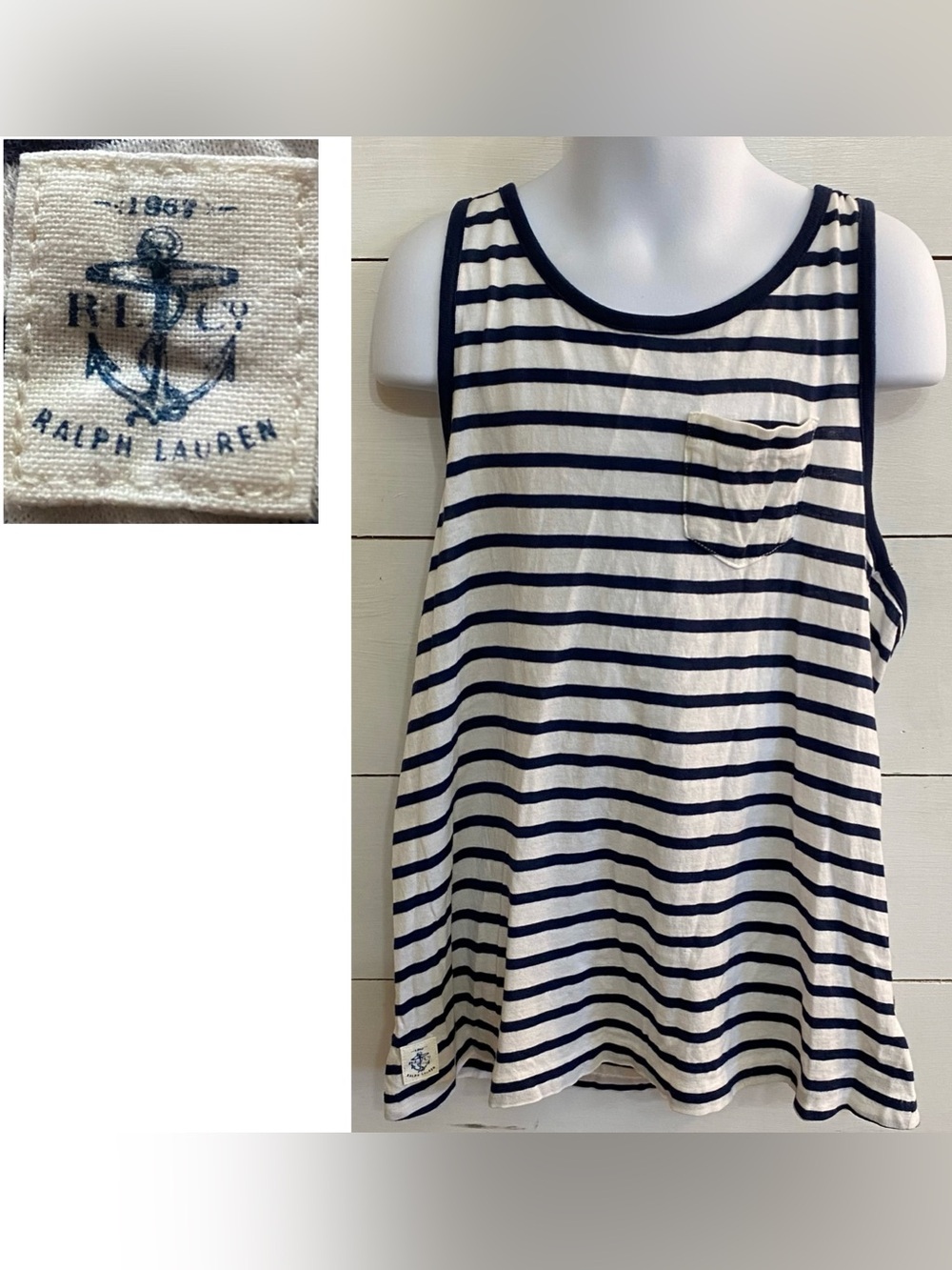 Polo Ralph‎ Lauren Girls’ Sz L (12-14) White/Navy Stripe Racerback Pocket Tee